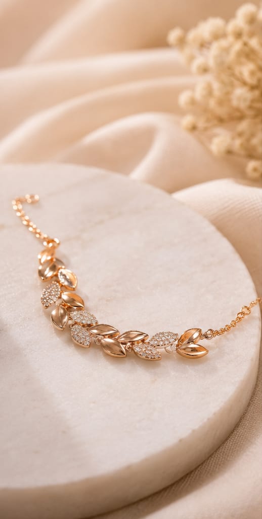 Gold CZ Leaf & Oval Charm Bracelet