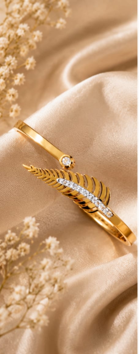 Gold Fern Leaf CZ Cuff Bangle