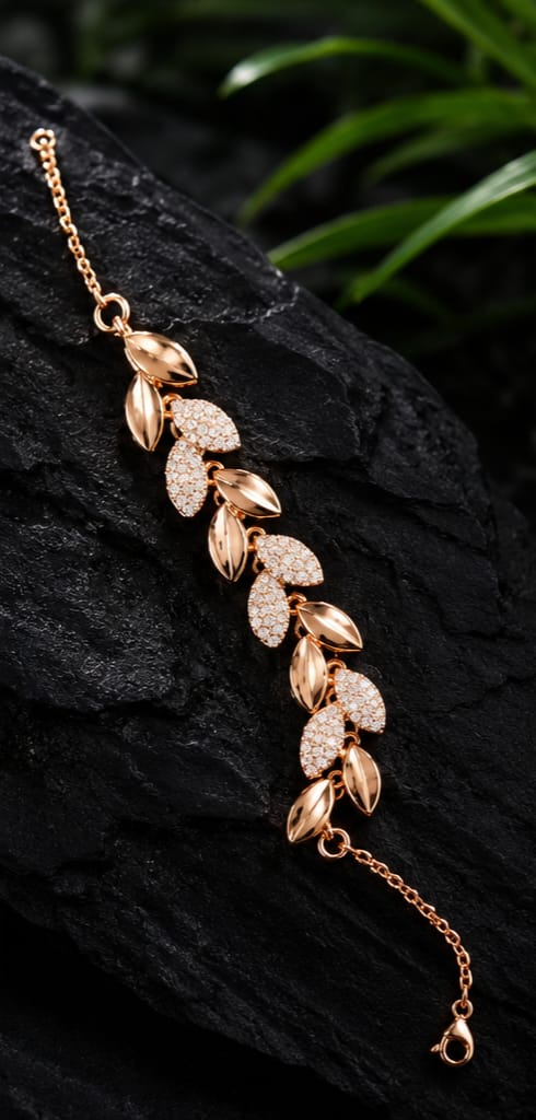 Rose Gold CZ Leaf Charm Bracelet