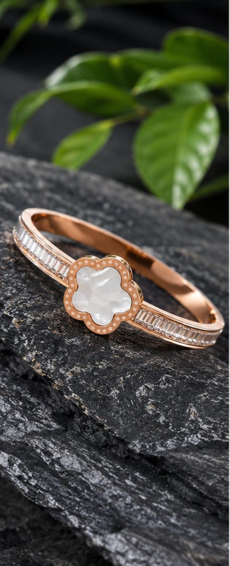 Rose Gold Mother of Pearl Clover Baguette CZ Bangle