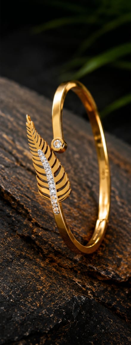 Gold Fern Leaf CZ Cuff Bangle