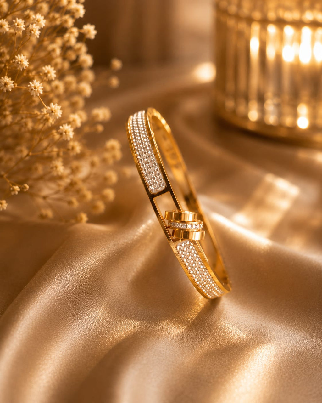 Gold Pavé CZ Bow Clasp Bangle