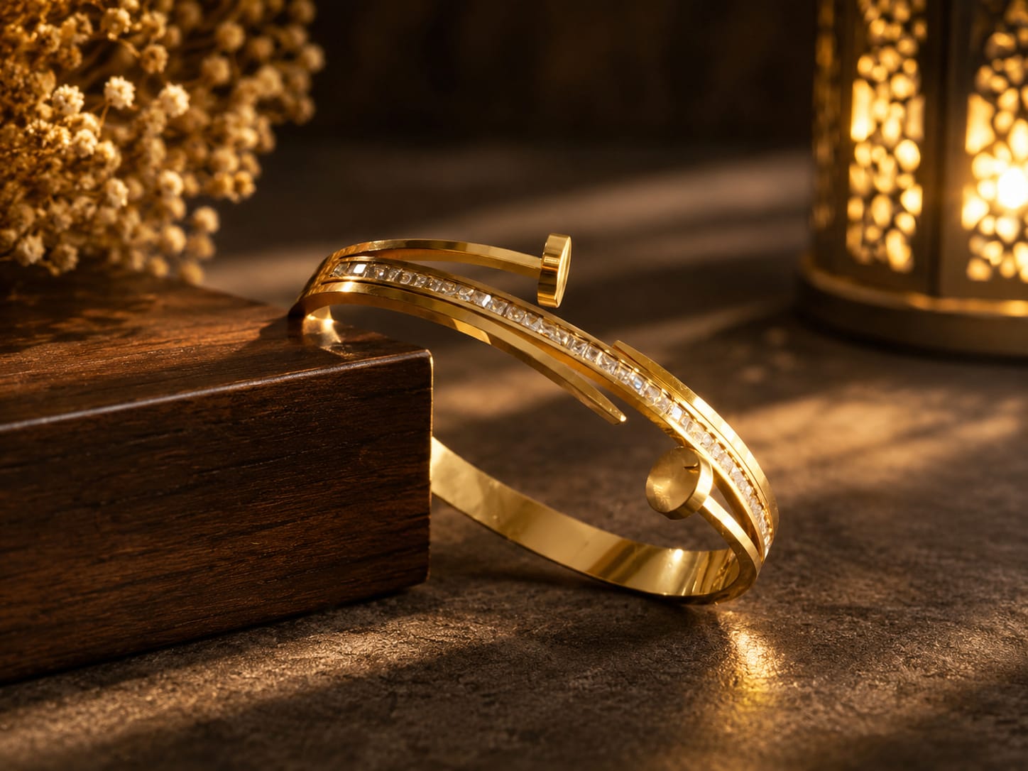 Gold Nail Cuff Bangle with Baguette CZ
