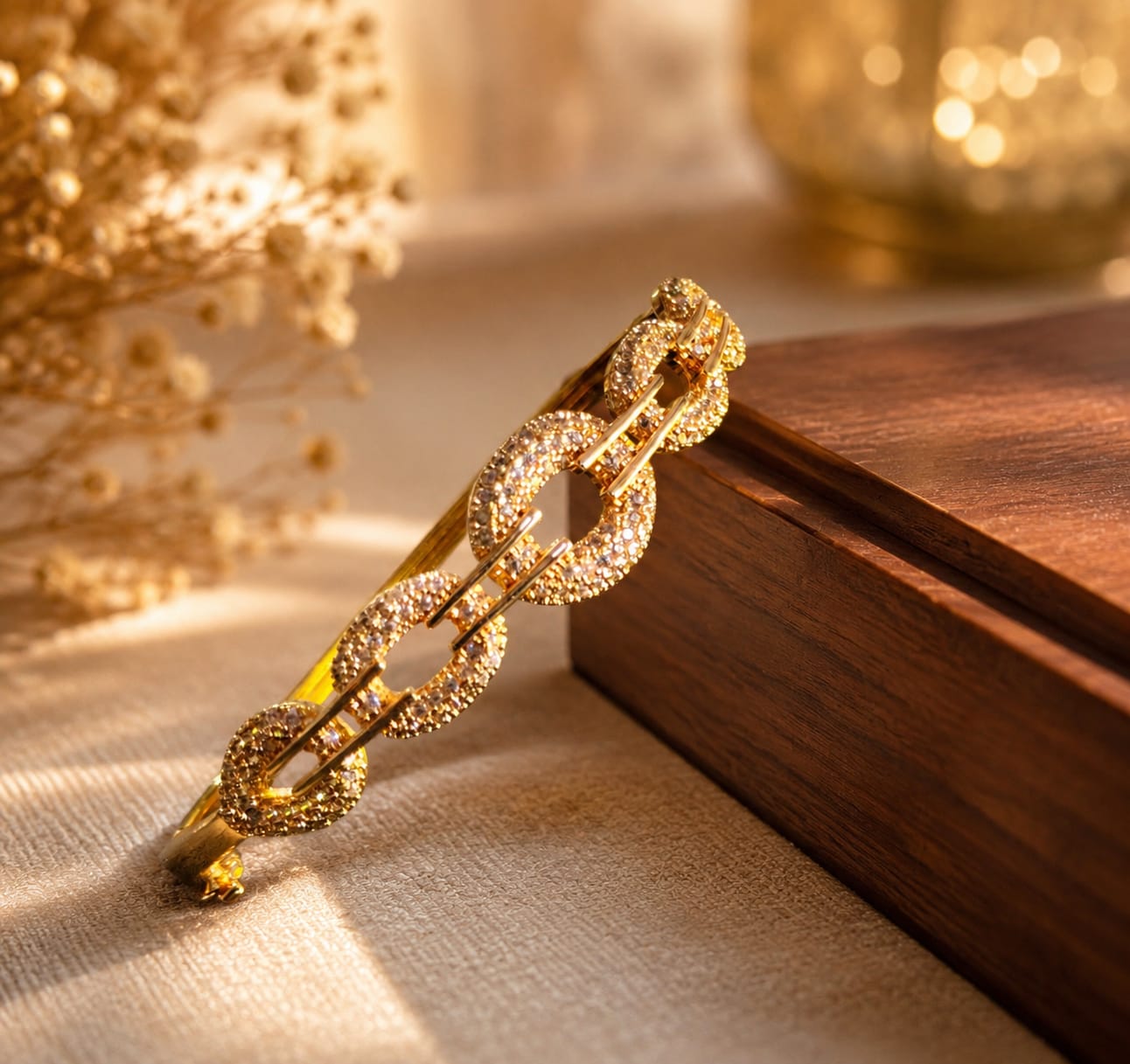 Gold Pavé CZ Oval Chain Link Bangle