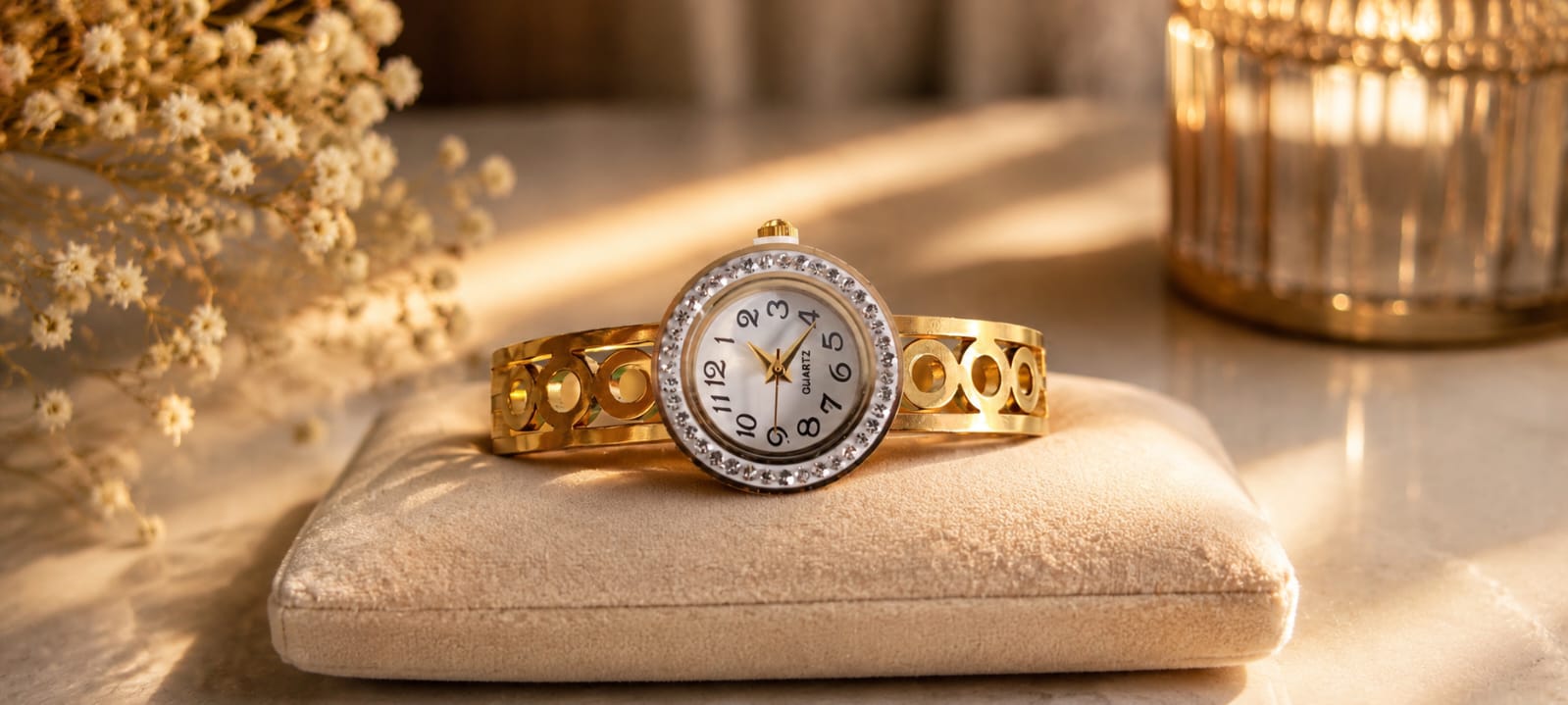 Gold CZ Bezel Ladies Bangle Watch