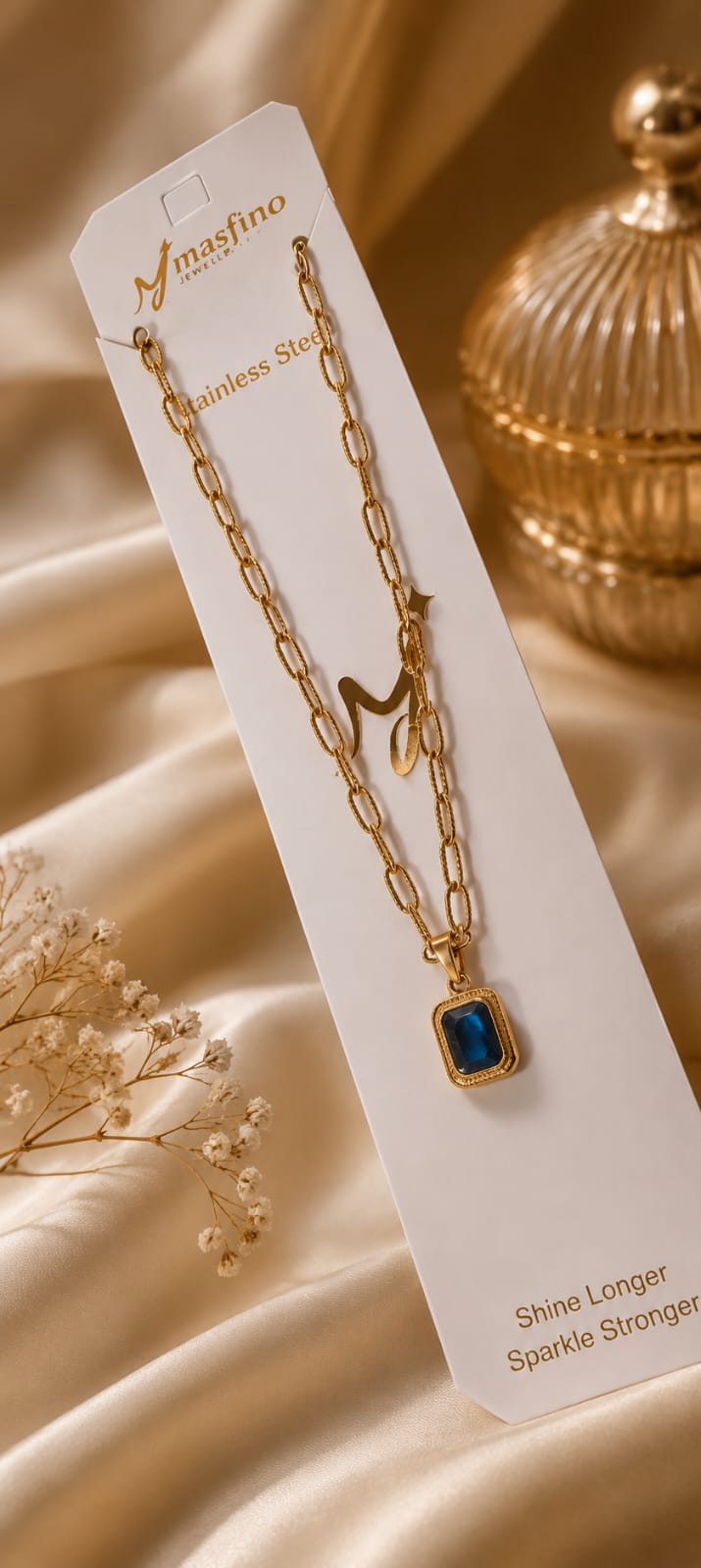 Gold Paperclip Chain Blue Stone Pendant Necklace