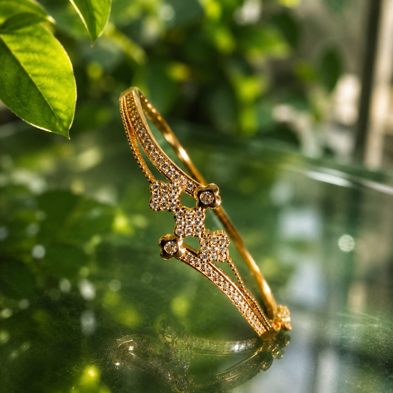 Gold Double Band CZ Flower Charm Bangle