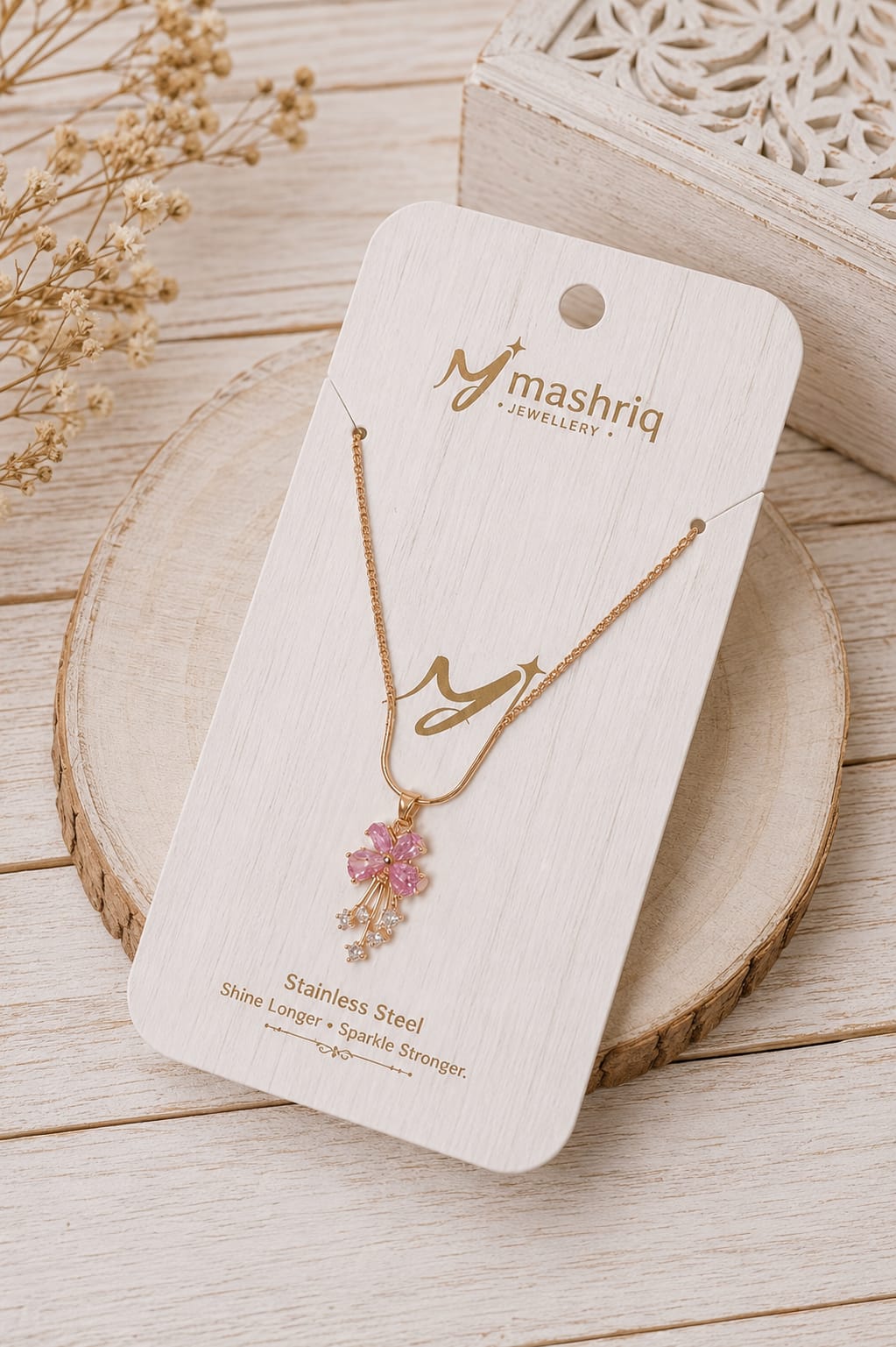 Gold Pink Crystal Flower & Star Tassel Necklace